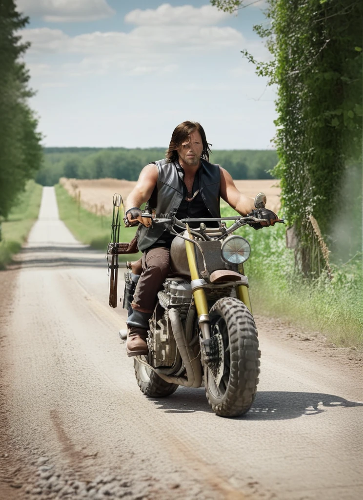 cinematic still of a man in a leather vest riding the TWDDDBike on a farm road, hyperdetailed vehicle, rusty and weathered, shallow depth of field, <lora:TWDDDBike:1>