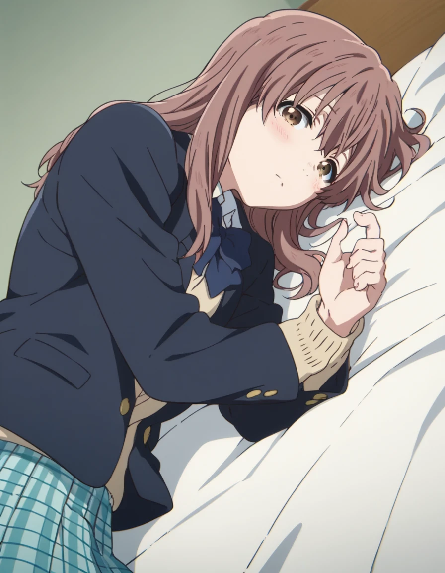 score_9, score_8_up, score_7_up, source_anime,
shoukonishimiya, <lora:shouko-nishimiya-movie-ponyxl-lora-nochekaiser:1>,
shouko nishimiya, long hair, brown hair, brown eyes,
skirt, bow, school uniform, jacket, plaid, plaid skirt, blazer,
indoors, bed, bed room, on side, blush, drunk,
looking at viewer, solo, cowboy shot, dutch angle,