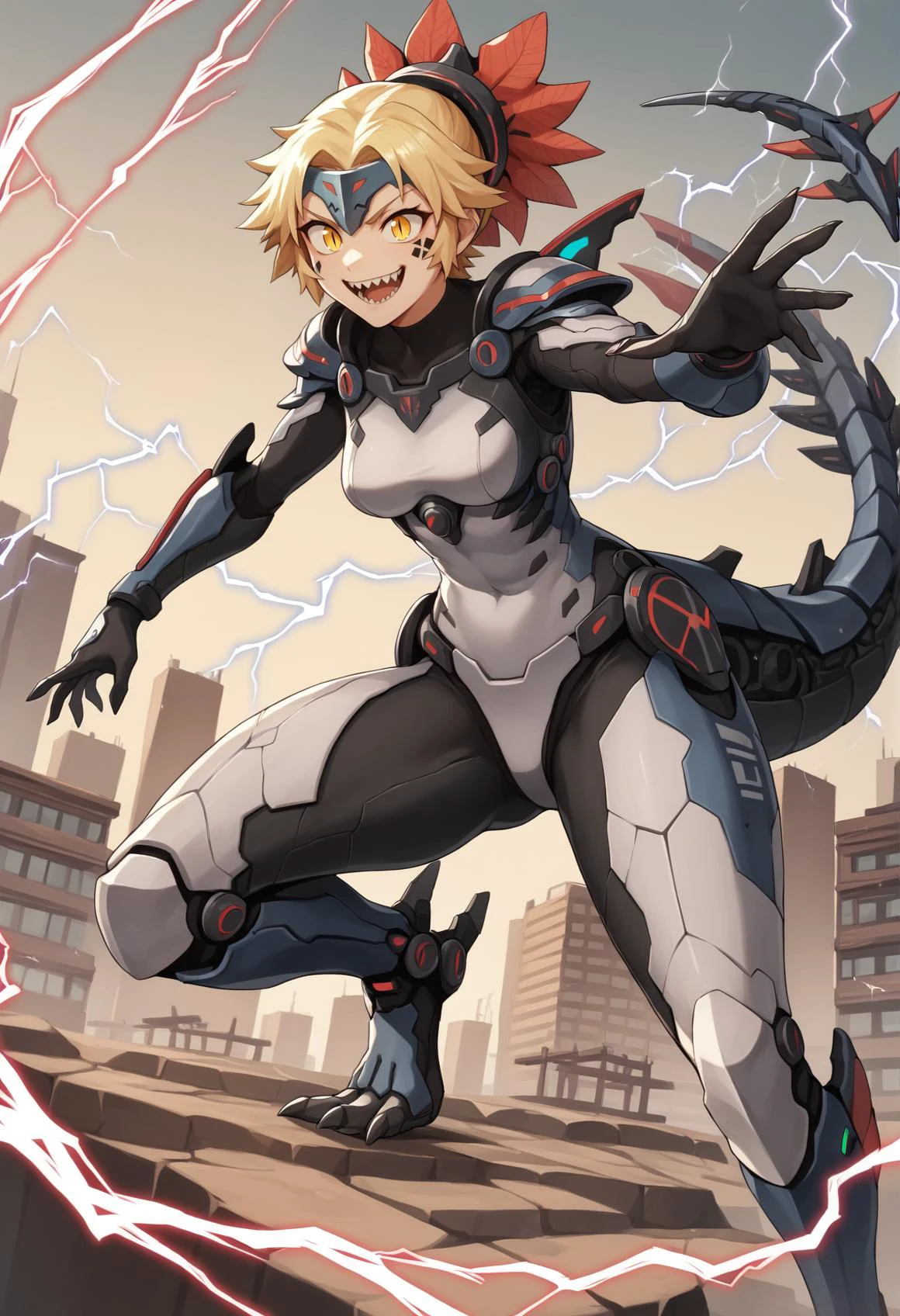 1girl, reptile girl, blonde hair, short hair, ponytail, hair ornament, facial mark, multicolored hair, yellow eyes, bodysuit, mechanical tail, armor, arm blade, slit pupils, fighting stance, outdoors, city, electricity, smile, sharp teeth  <lora:dinomorphia_kentregina:1>, score_9, score_8_up, score_7_up, score_6_up, score_5_up, score_4_up, BREAK source_anime, masterpiece