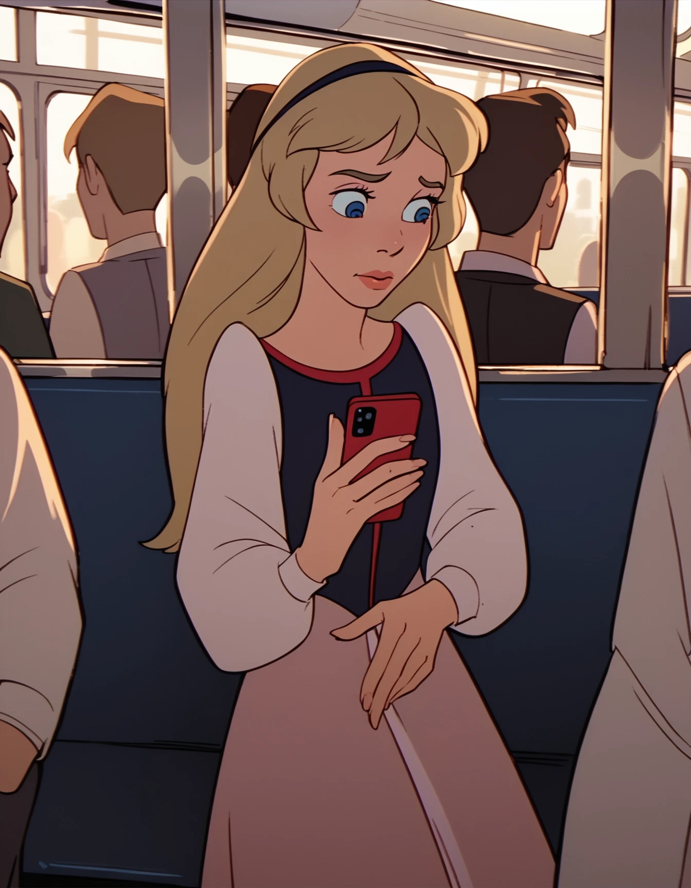 score_9,  score_8_up, score_7_up <lora:eilonwy-ponyxl-000050:1> eilonwy, dress, hairband,
1girl, solo, train interior, smartphone, sunset