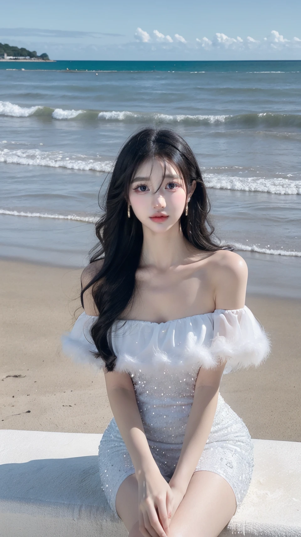 masterpiece,best quality,bright colors,solo,photo_,(1girl:1.3),(sitting:1.3),(looking at viewer:1.4),Elegant,detailed gorgeous face,(cowboy shot:1.4),realistic,dappled sunlight,(seaside background:1.4),sun,,MIS,shiny dress,fur trim,<lora:MIS46:0.75>