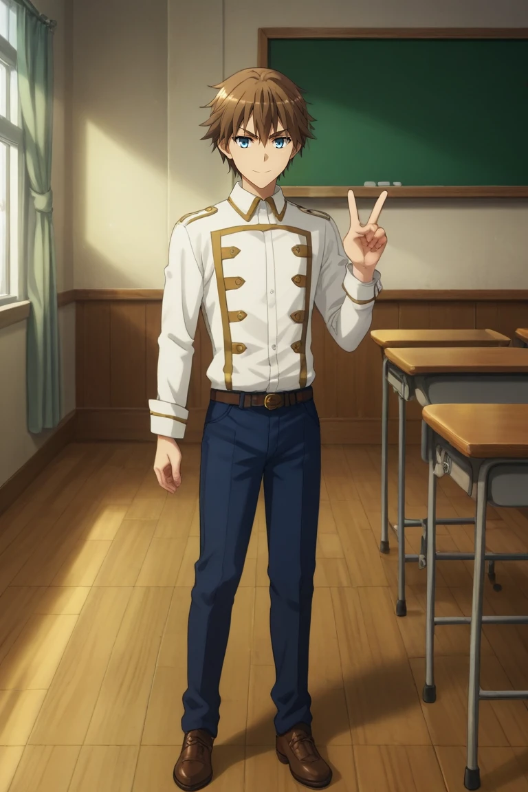 score_9, score_8_up, score_7_up, source_anime, rating_safe, intricate details, , , , 1boy, solo, male focus, <lora:caules_forvedge_yggdmillennia_pony:0.96>, caules_forvedge_yggdmillennia, brown hair, blue eyes, , full body, classroom, indoors, v, peace sign, smirk, , beanie, <lora:sdxl_lightning_8step_lora:1>