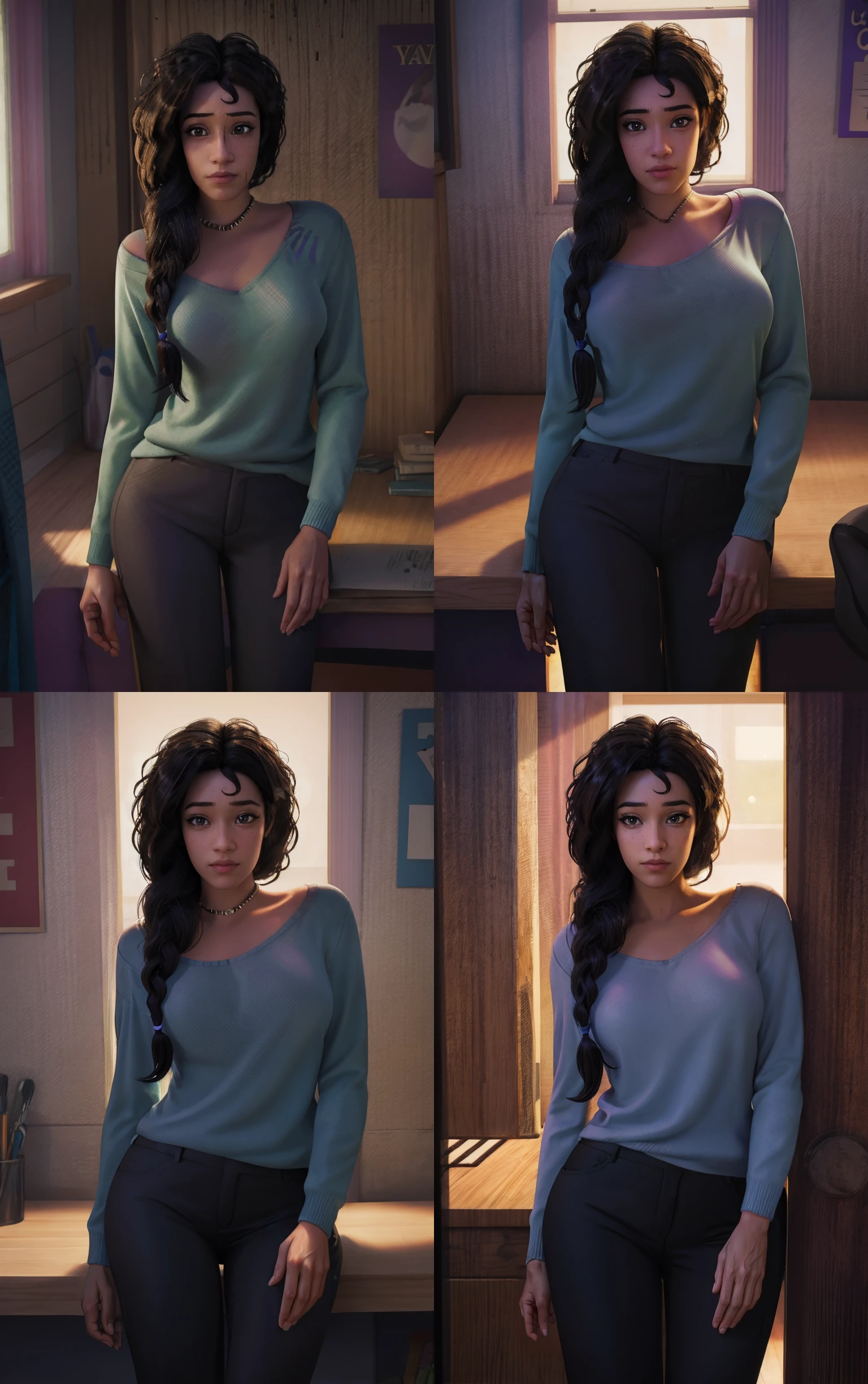 PurpleTop_SpiderVerse_RioMorales_ownwaifu,
1girl, long hair, black hair, hair over shoulder, single braid, dark skin, very dark skin, dark-skinned female, brown eyes, lips, freckles, breasts,
bra strap, purple shirt, shirt, sweater, long sleeves, black pants, pants,
{<lora:CARTOON_SpiderVerse_RioMorales_ownwaifu:1> |<lora:CARTOON_SpiderVerse_RioMorales_ownwaifu:0.9> |<lora:CARTOON_SpiderVerse_RioMorales_ownwaifu:0.8> |<lora:CARTOON_SpiderVerse_RioMorales_ownwaifu:0.7> },
((masterpiece)),((best quality)),(highres, absurdres), original, bokeh, depth_of_field, scenery, spotlight, focused, looking at viewer, solo, cowboy shot,