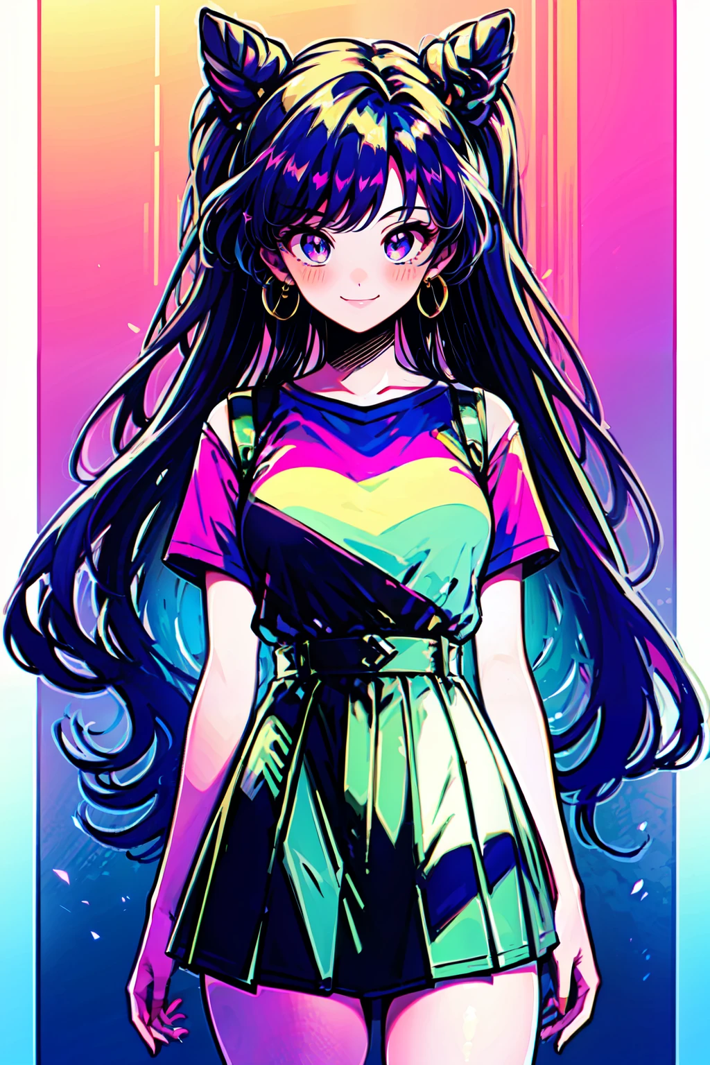 <lora:80s_Pop:0.8>, ((masterpiece,best quality)), absurdres, <lora:Keqing_Genshin:0.6>, Keqing_Genshin, 1girl, solo, long hair, twintails, very long hair, purple hair, cone hair bun, purple eyes, keqing \(genshin impact\), 1girl, solo, long hair, looking at viewer, blush, smile, bangs, skirt, shirt, black hair, jewelry, short sleeves, cowboy shot, pleated skirt, earrings, gradient, gradient background, green skirt, pink shirt, hoop earrings, shirt tucked in, multicolored background
