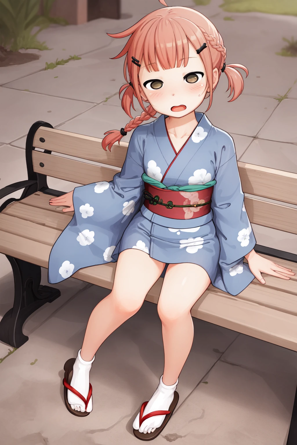 (masterpiece, best quality:1.2),
1girl, solo, looking at viewer, <lora:Concept\hotarueye_jitome1_v100:1.0>, blush, braided ponytail, open mouth, red hair, brown eyes BREAK
print yellow yukata, thighs, zouri, sandals, sash, japanese clothes, hairclip BREAK
sitting, bench, leg up, from above, outdoors