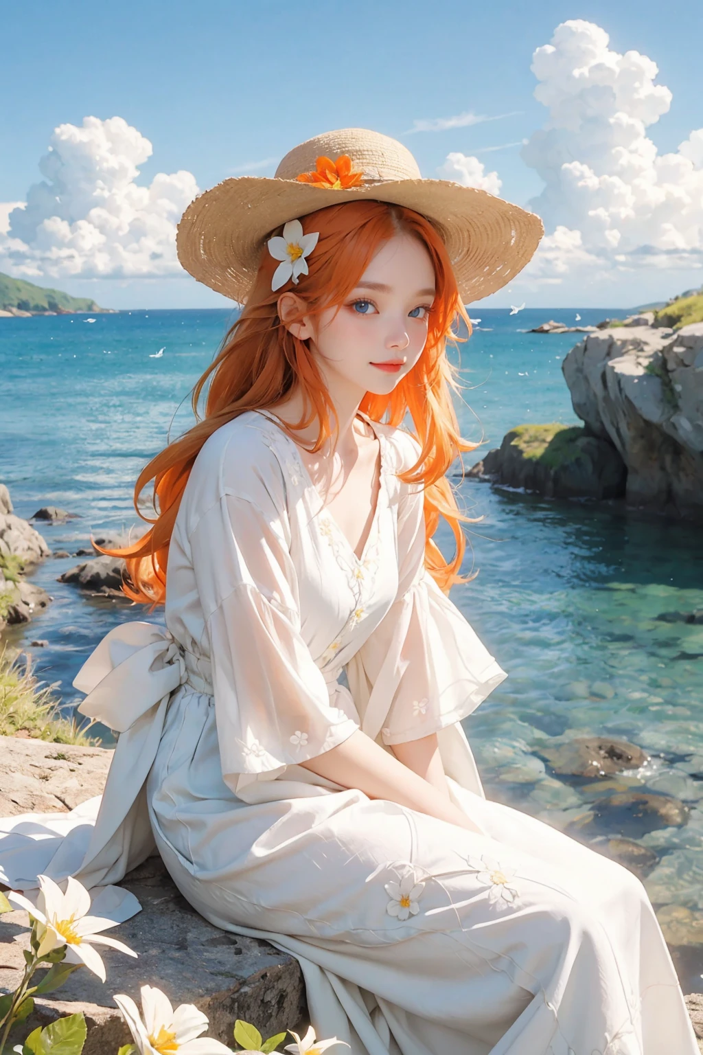 1girl, outdoors, solo, flower, blue eyes, long hair, looking at viewer, long dressï¼hat, ocean, dress, sitting, white flower, sky, bug, hat flower, day, bangs, butterfly, water, long sleeves, blue sky, rock, cloud, orange dress, blonde hair, horizon, orange headwear, hair ornament, closed mouth, smile, hair flower, short sleeves, looking to the side, bird, scenery, mountainous horizon, red headwear, white dress