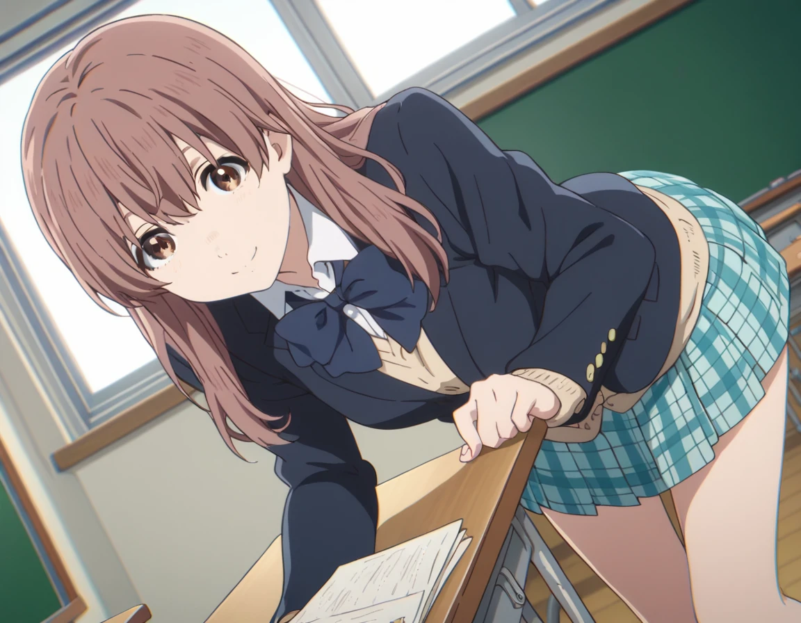 score_9, score_8_up, score_7_up, source_anime,
shoukonishimiya, <lora:shouko-nishimiya-movie-ponyxl-lora-nochekaiser:1>,
shouko nishimiya, long hair, brown hair, brown eyes,
skirt, bow, school uniform, jacket, plaid, plaid skirt, blazer,
indoors, classroom, smile, bent over,
looking at viewer, solo, cowboy shot, dutch angle,