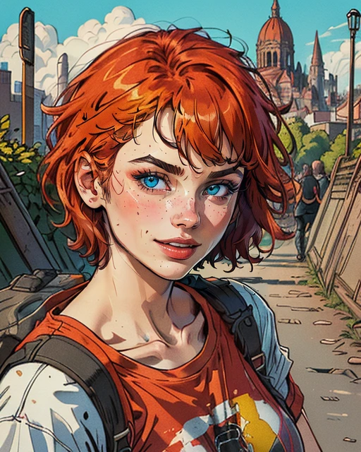 portrait, pretty woman, ginger, short hair, t-shirt, happy, city background, Emma Stone, <lora:WesternComicMix_Extract:0.85>, sharp, clear, detailed, best quality, high quality, high resolution, best resolution, HD, HDR, 8K, masterpiece, masterwork, 2D digital artwork, crosshatching, flat colors, inked, vector illustration, dynamic shadows, epic, cinematic, <lora:detail_slider_v4:0.5>, <lora:colorify:0.5>