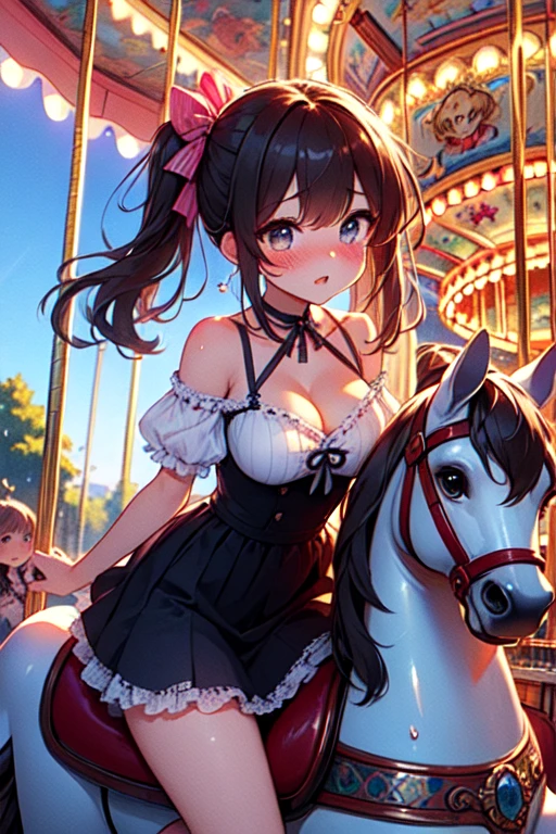 (((masterpiece))), (((best quality))), ((riding carousel)), ((multiple girls)), ((leaning forward)), sitting astride, dress, off shoulder, parted lips, sweat, wind, cloudy sky, party balloon, ferris wheel, amusement park, outdoors, cleavage, big tits, shy, blush, slim figure, <lora:girllikecarousel:0.9>