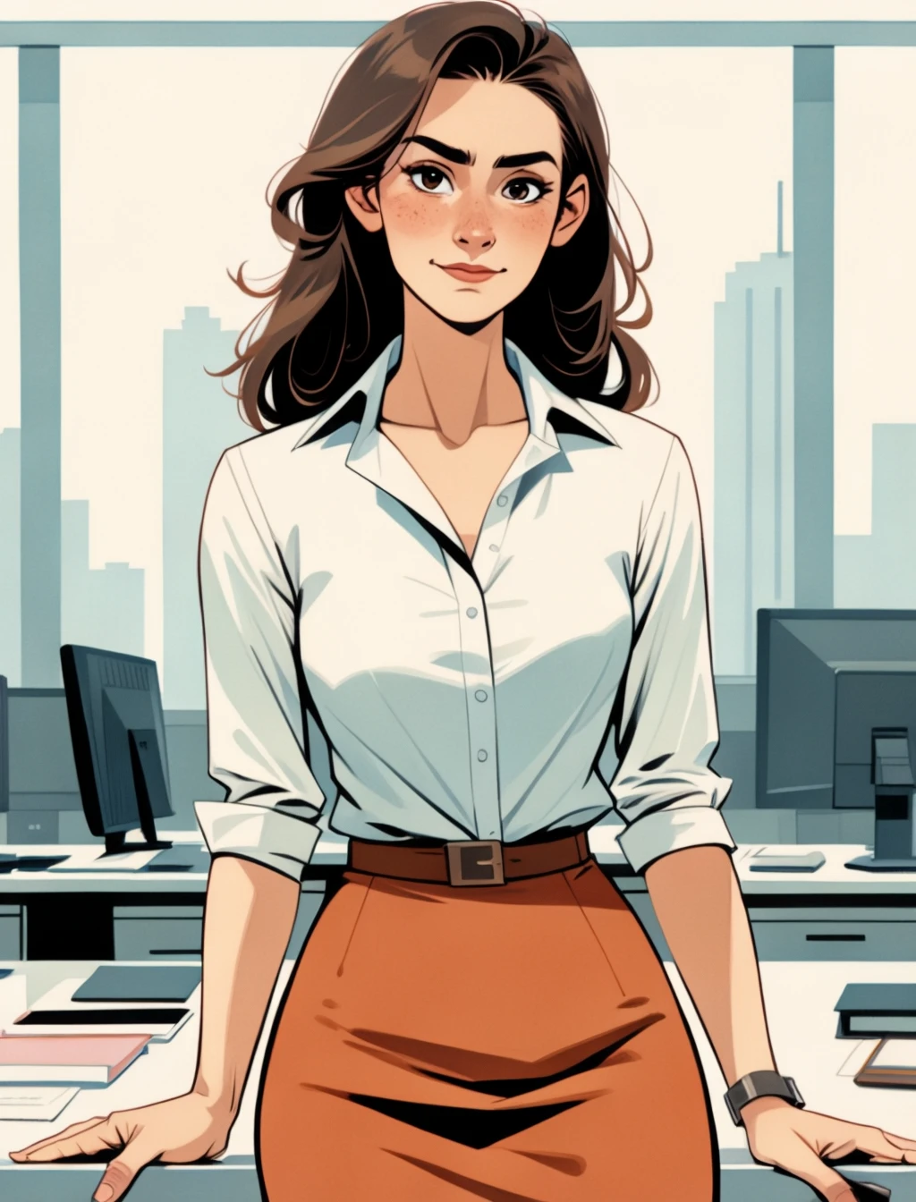 apg_v3, portrait, flat cartoon illustration of a woman in tight shirt and skirt, solo, office setting,