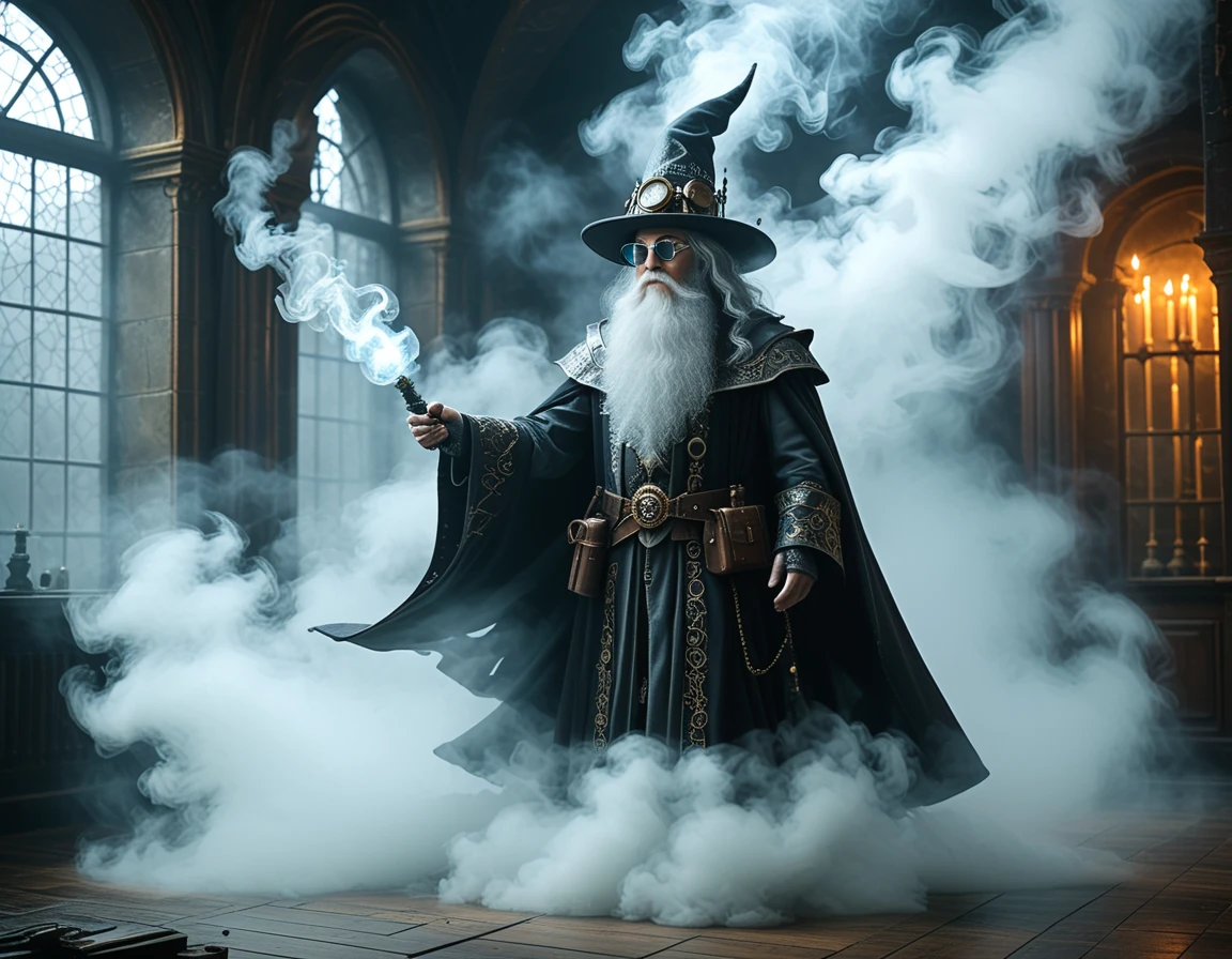 mdfg steampunk wizard made from sparkly fog in a wizard's office in a castle<lora:fog_things:0.7>