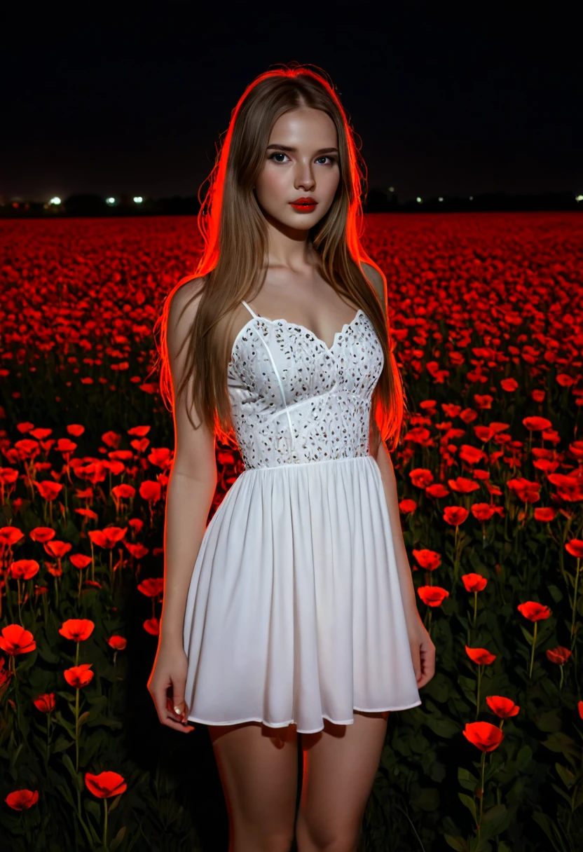 beautiful girl,night flower field, long hair, short white dress,  red light contour   <lora:light_contour_sdxl:1>