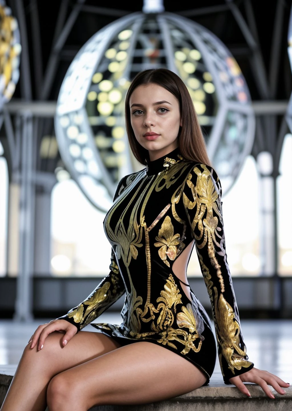 photo of a young ukrainian woman, wearing a (yellow) baroque-patterned longsleeve minidress <lora:CrunchyBanana_baroque_minidress:1>, sitting in Atomium monument