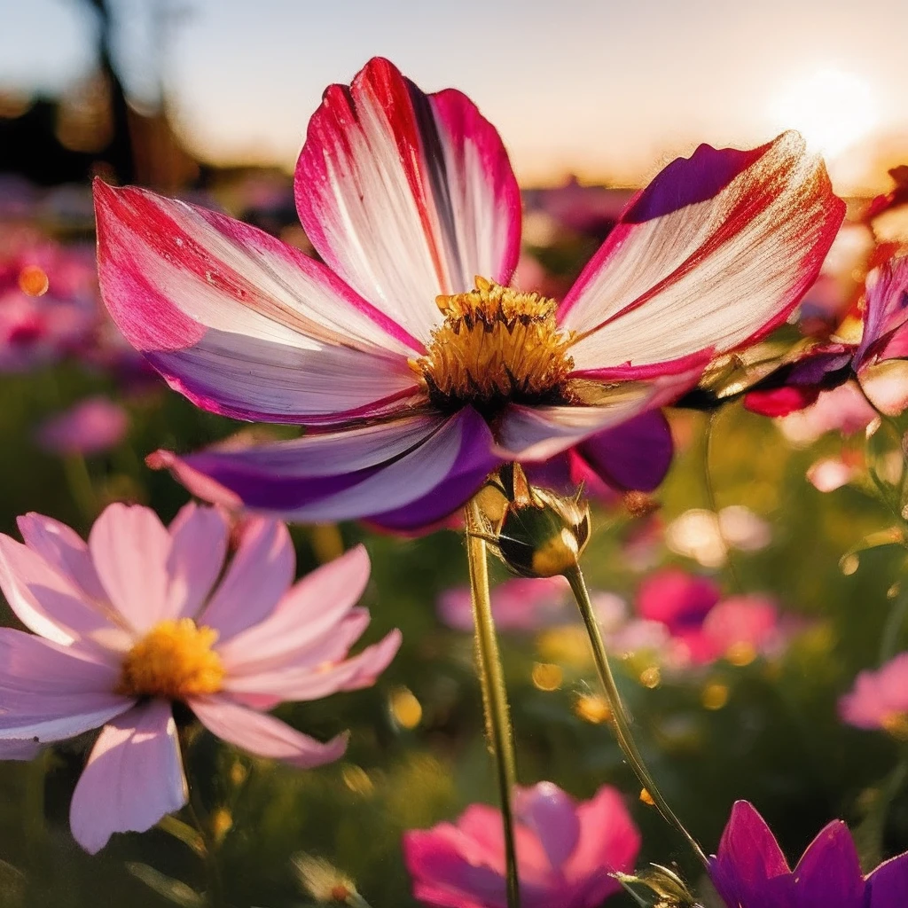 Best quality,masterpiece,ultra high res,(photorealistic:1.2),<lora:cosmos_bipinnatus:1>,cosmos_bipinnatus,flower,no humans,blurry,still life,depth of field,pink flower,outdoors,scenery,field,purple flower,<lora:åå½±:0.8>,