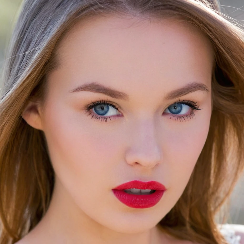EuroBabe, Western, busty, bunette, lingerie, lipstick, makeup, sharp detailed perfect eyes, blue eyes, moles, detailed skin, outdoors