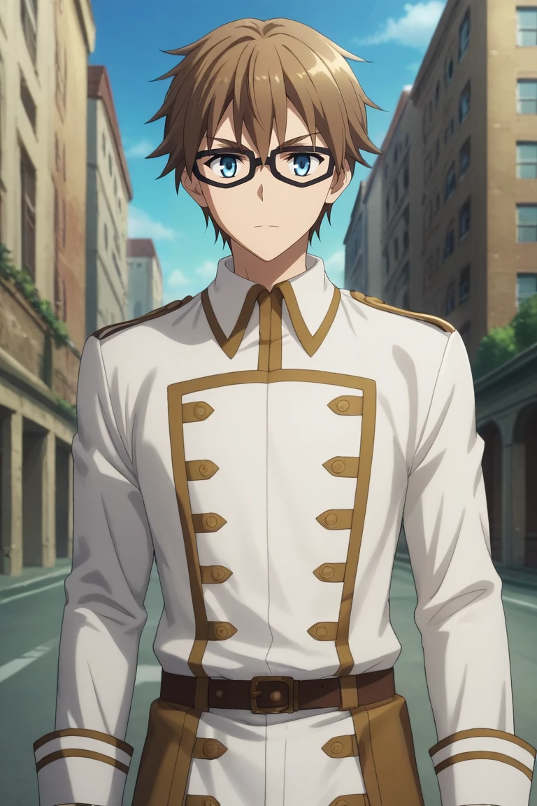 score_9, score_8_up, score_7_up, source_anime, rating_safe, , , looking at viewer, , 1boy, solo, male focus, <lora:caules_forvedge_yggdmillennia_pony:0.82>, caules_forvedge_yggdmillennia, brown hair, blue eyes, glasses, black-framed eyewear, wide angle, wide shot, cowboy shot, highway, day, pointing, :\3, dalmatian costume, <lora:sdxl_lightning_8step_lora:1>