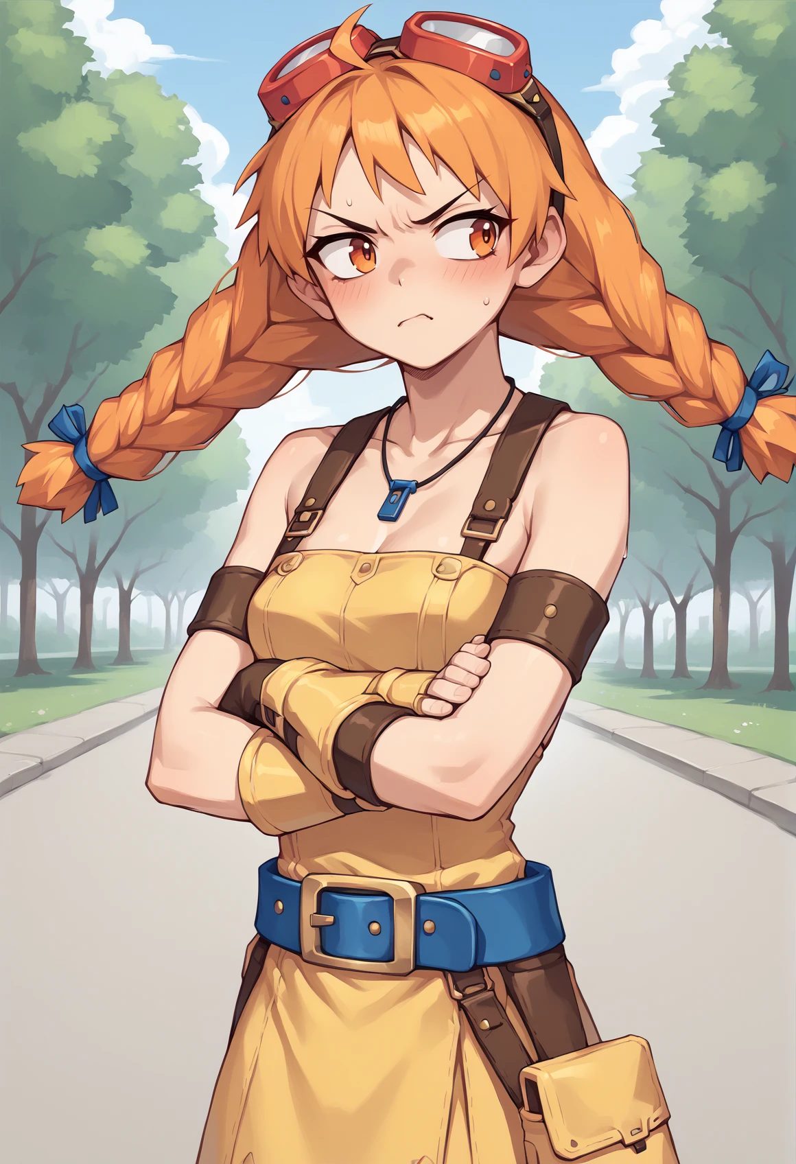 1girl, solo, twin braids, orange hair, long hair, orange eyes, necklace, dress straps, yellow dress, Goggles On Head, armlet, blue belt, wristband, single glove, yellow boots, crossed arms, tsundere, blushing, looking to the side, outdoors, park <lora:Aika_Skies_of_Arcadia_XL:1>, score_9, score_8_up, score_7_up, score_6_up, score_5_up, score_4_up, BREAK source_anime, masterpiece