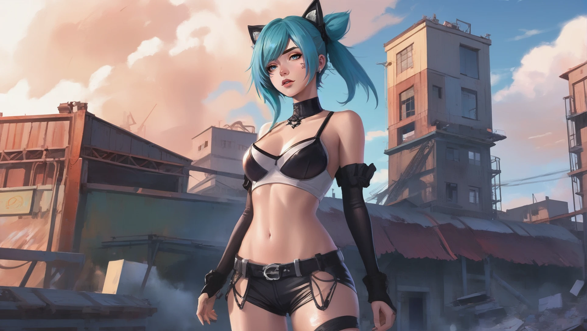 anime digital painting, action shot, 1girl, woman, cluttered Nu-Goth catgirl, full body, intricate, casual costume design, bombshell hair, multicolor hair, Choppy Layers, pastel lightblue clothes, toned body, athletic build, narrow waist, wide hips, small breasts, korean, morning, blue sky, clouds, architecture, Abandoned Soviet-era factory in a shanty town<lora:EnvyStarlightMoba01-easymode:1><lora:EnvyBetterHiresFixXL01:0:hr=1>