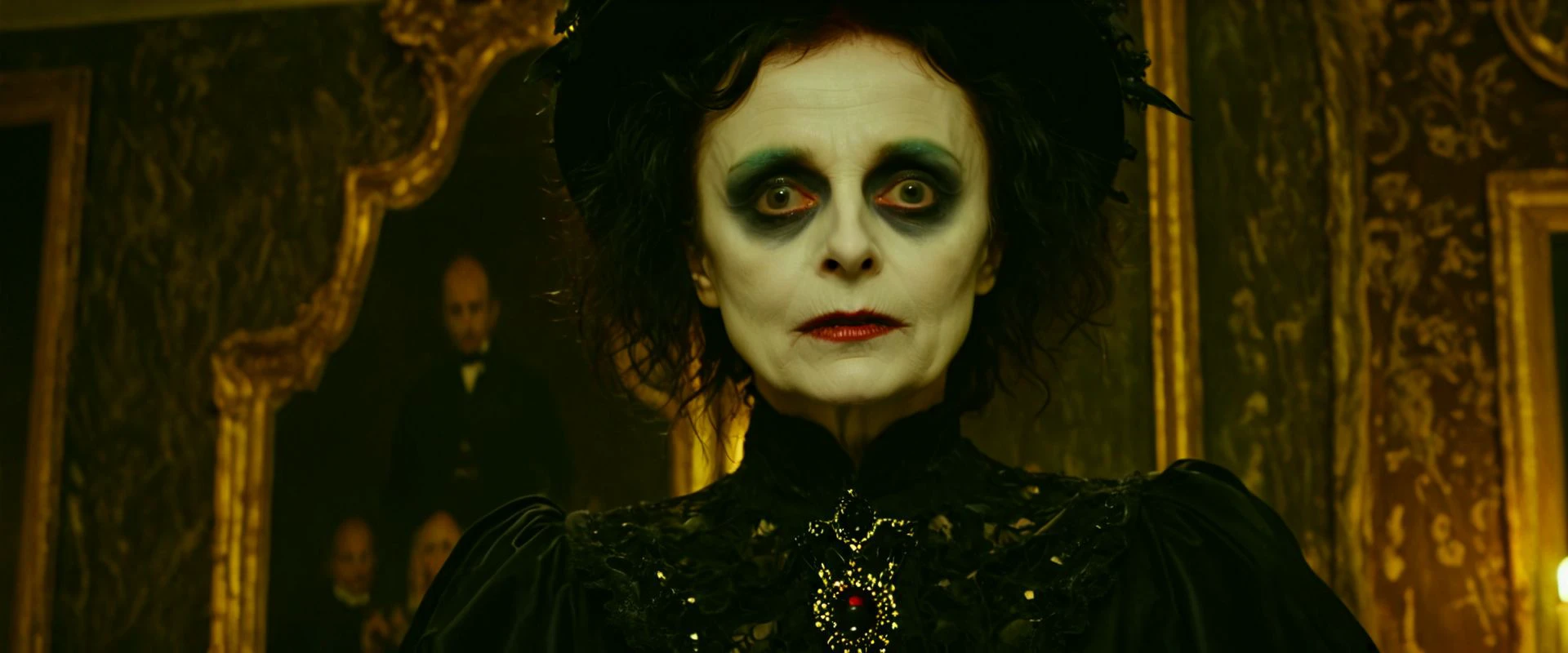 cinematic still, filmed byTim Burton, filmed by Agnes Varda, horror theme, ultra detailed photography, very high quality, 8k, masterpiece, best quality, inside a haunted mansion, rich and luxury, a lot of vintage stuff, specters hidden here and there, image similar to a 1980s film in cinemascope vivid colors, tim burton inspiration, high textures, 36mm, subsurface scattering, (dutch angle style:1.6), (chromatic aberration:1.4), RAW, film grain, analog, deformed face expressions, psychedelic