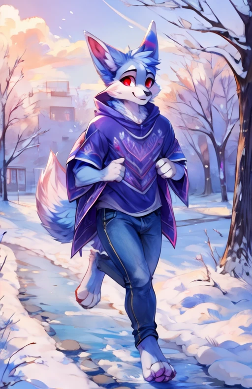 (<lora:Nox_Palworld:1> nox (pal), periwinkle fur, chest crystal, red eyes, male),(poncho, ),anthro,(jeans, ),(suika-x, ),(t-shirt:1.1),jogging,winter,quiet neighborhood,paws,