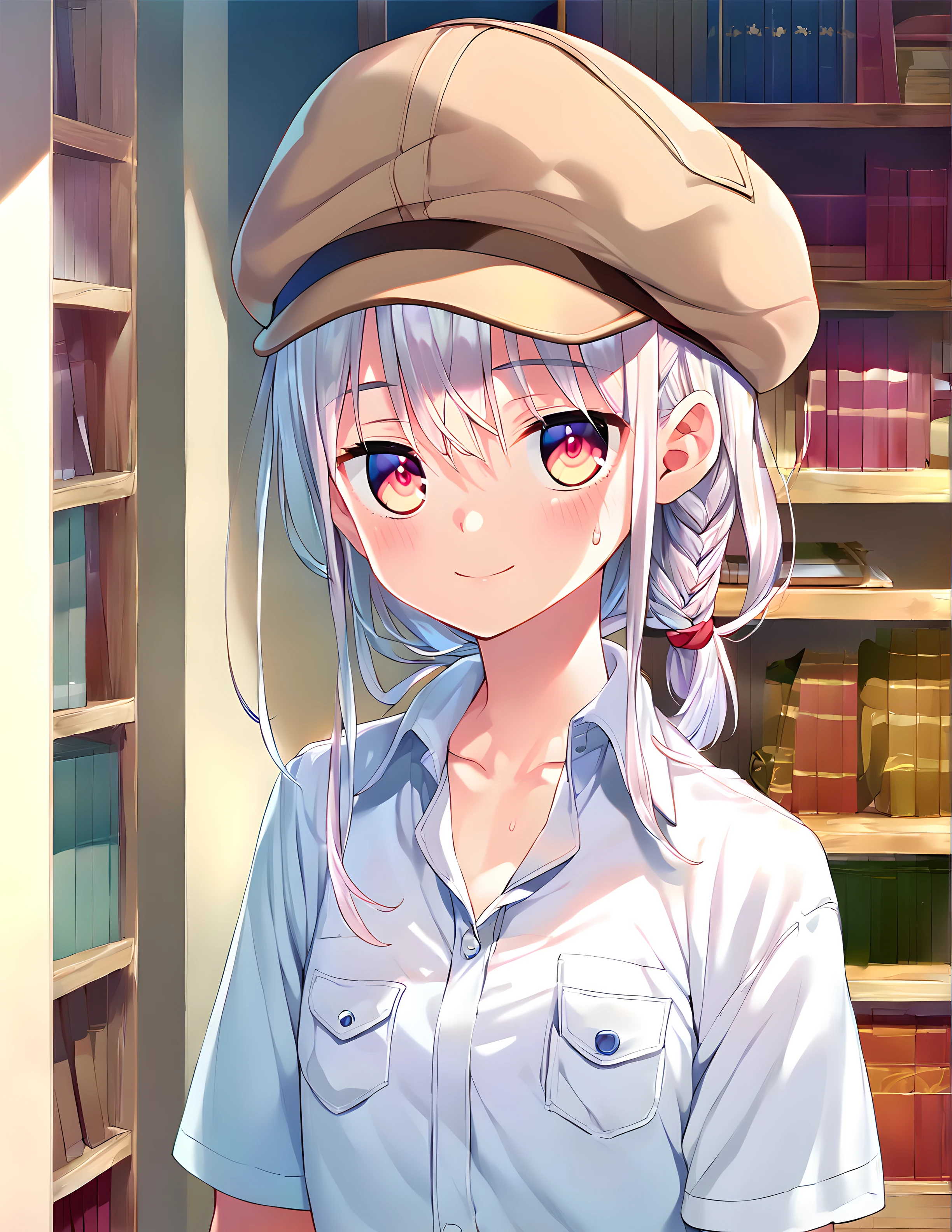 <lora:pony_xl_Fumino:0.8>,Fumino,score_9,score_8_up,score_7_up,source_anime,1girl,solo,looking at viewer,day,smile,closed mouth,light_blush,sweatdrop,indoor,upper body,cabbie hat,hat,brown headwear,collared shirt,shirt,white shirt,short sleeves,collarbone,bookshelf,