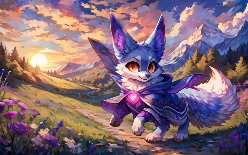 <lora:Nox_Palworld>,nox (pal),feral,,(suika-x, ),orange eyes,chest_crystal,capelet,periwinkle fur,wide shot,In a field at dusk running,