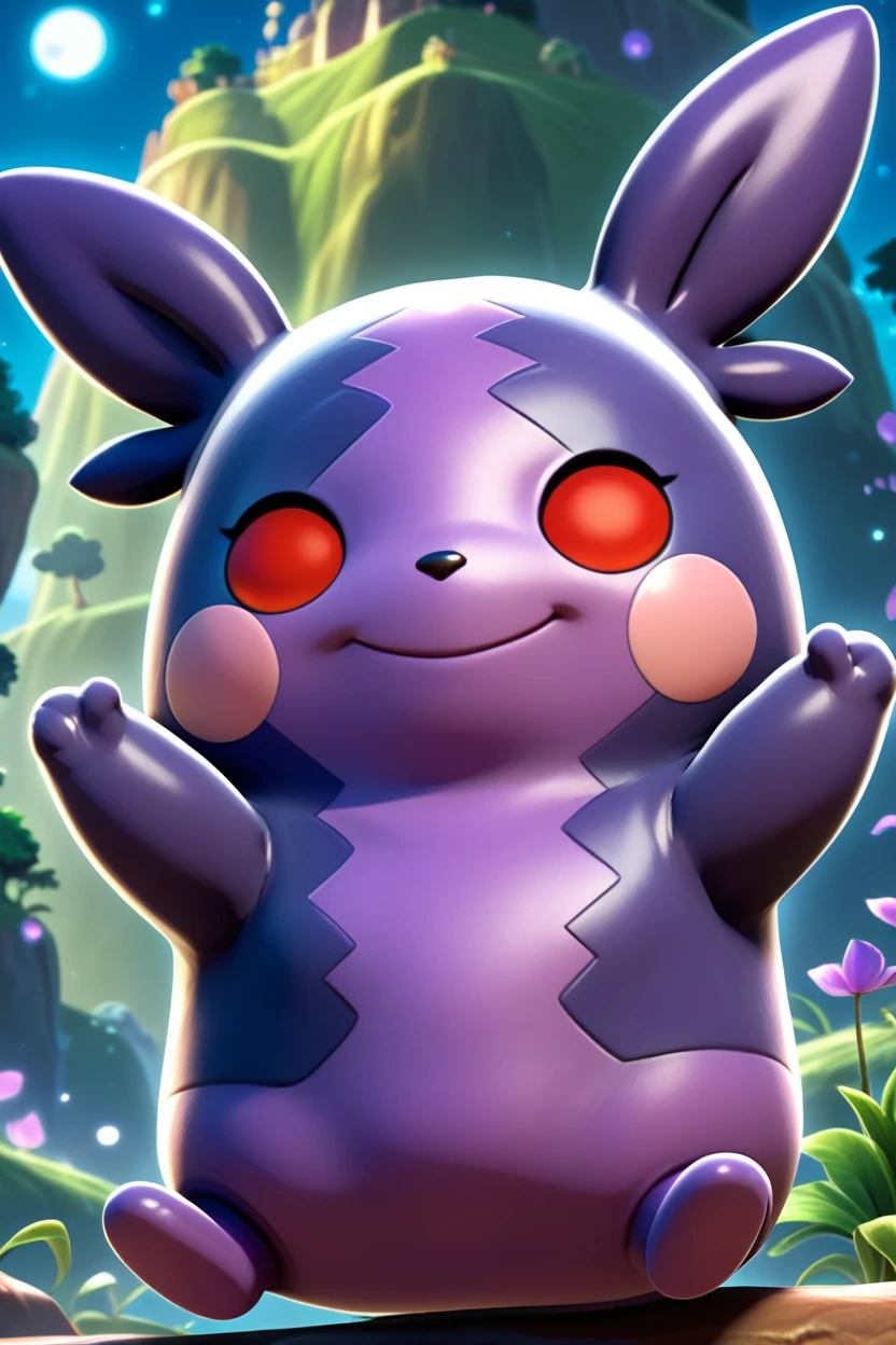 score_9, score_8_up, score_7_up, score_6_up, score_5_up, score_4_up, BREAK morpeko \(hangry\), pokemon \(creature\),solo, red eyes, happy, smile, closed mouth,floating island,night,3d,purple skin,arms up, <lora:MorpekoPony:1>