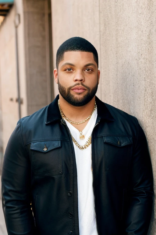 <lora:OShea_Jackson_Jr_Lora-10:0.8>, oshea jackson jr, leather jacket, portrait, alley background