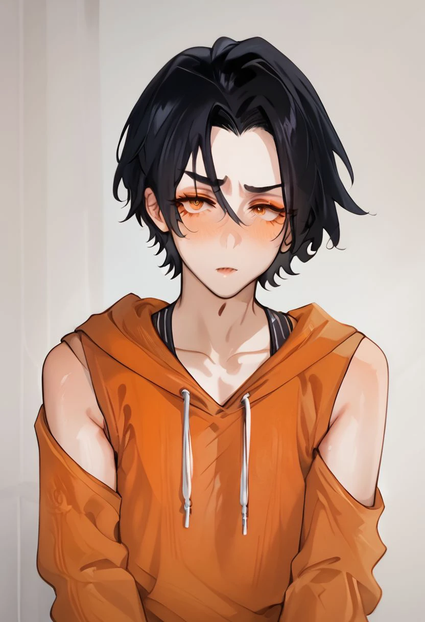 percy, 1boy, femboy skinny, wearing orange hoodie, armless amputee