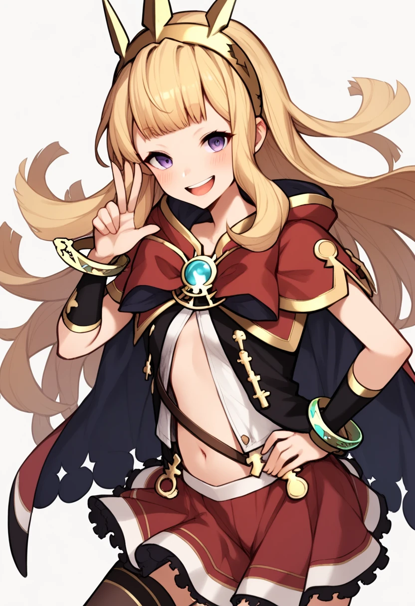 score_9,score_8_up,score_7_up,<lora:granblue_fantasy_all:1>,1girl, bad_id, bad_twitter_id, blonde_hair, blush, bracelet, cagliostro_\(granblue_fantasy\), cape, commentary_request, crown, hairband, hand_on_own_hip, long_hair, looking_at_viewer, navel, open_mouth, purple_eyes, simple_background, sketch, smile, solo, white_background