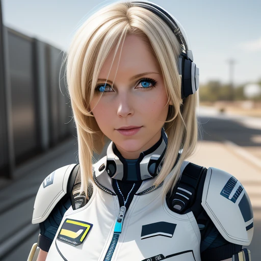 Cammi, sky, medium hair, zipper, armor, hairband, bare shoulders, white bodysuit, hair over one eye, headphones around neck, choker, jewelry, headphones, blue sky, clothing cutout, realistic