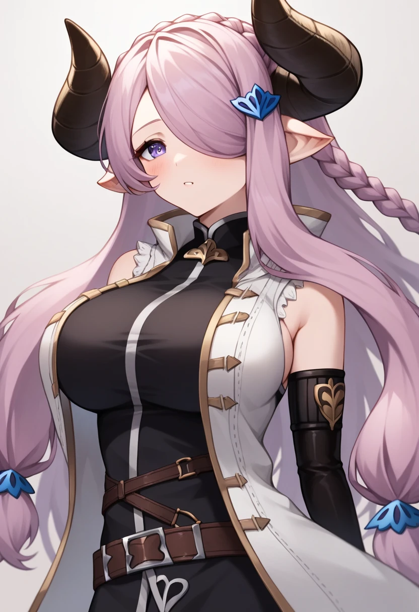 score_9,score_8_up,score_7_up,<lora:granblue_fantasy_all:1>,1girl,absurdres,blush,crown_braid,fingerless_gloves,hair_over_one_eye,highres,horns,large_breasts,long_hair,looking_at_viewer,narmaya_\(granblue_fantasy\),pointy_ears,purple_eyes,purple_hair,sleeveless_coat,solo,