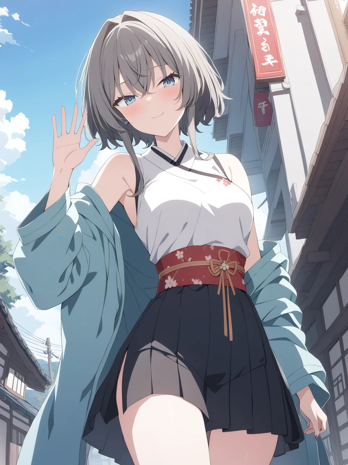 1girl, asanagi_yori, \\(new year\\), solo, looking at viewer, outdoors, cinematic angle, waving, masterpiece, best quality, very aesthetic, absurdres, <lora:asanagi_yori_v1-000004:0.9>