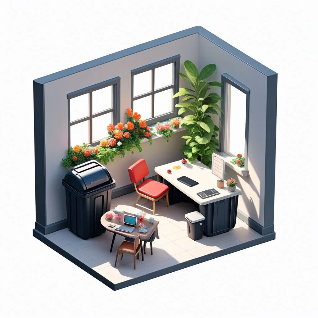 iszsks, no humans, table, from above, chair, plant, flower, door, white background, book, poke ball, trash can, computer, window, desk, no humans, isometric view, cutaway, diorama, isometric cutaway, cinematic lighting, masterpiece, best quality