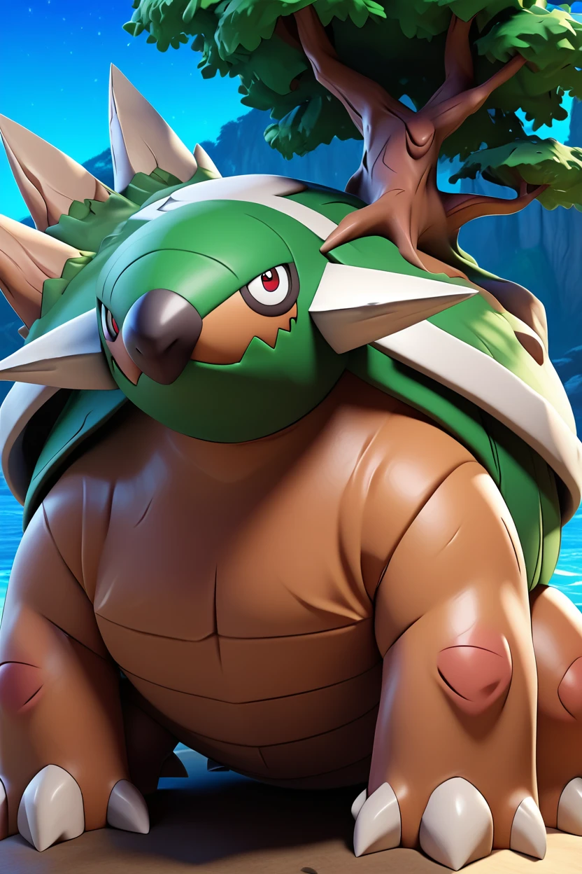 score_9, score_8_up, score_7_up, score_6_up, BREAK torterra, pokemon \(creature\), no humans, tree, solo, sky, claws, red eyes, outdoors, night, closed mouth, spikes, shore,3d,smile, happy <lora:TorterraPony:1>
