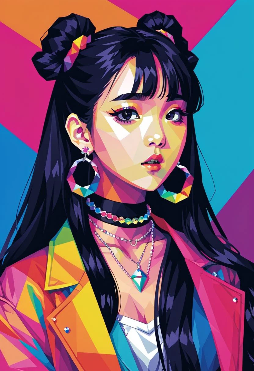 lwpztxxs, 1girl, solo, jewelry, earrings, long hair, choker, kpop, black hair, necklace, double bun, jacket, prismatic, low poly, vector art, geometric, vector illustration, flat colors