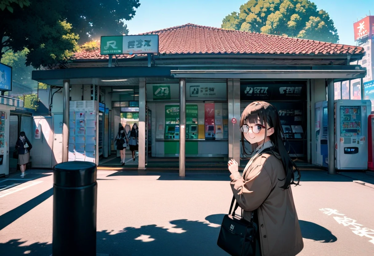 masterpiece, best quality, very aesthetic, absurdres,
1girl, solo, glasses, black hair, long hair, jacket, skirt, black bag, smile, looking at viewer, solo focus,
uguisudani, storefront, vending machine, scenery, outdoors, tree, sky, blue sky, day, building, sign, shadow, real world location
 <lora:uguisudani_minami_SDXL_V2:1>