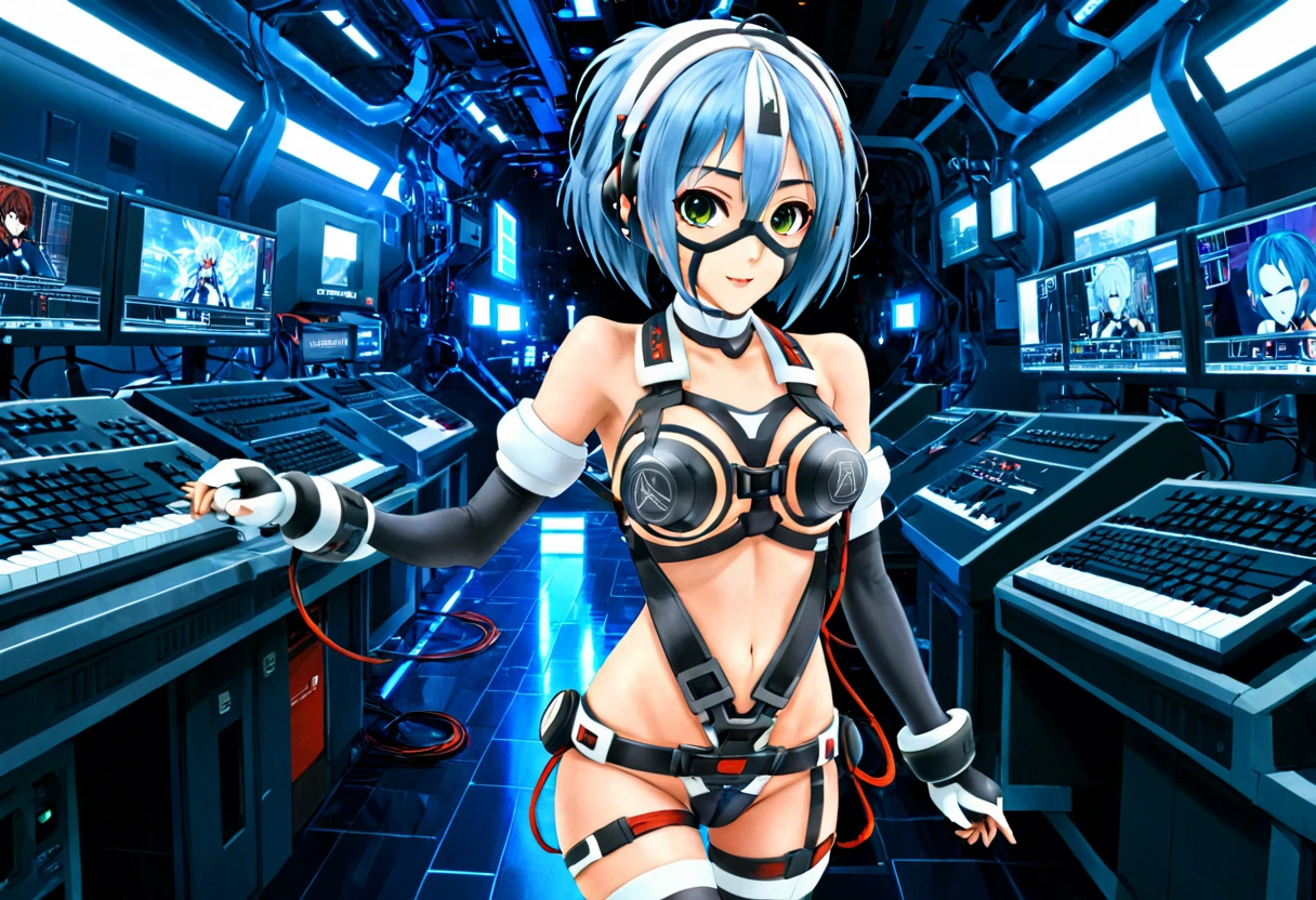 (masterpiece, best quality, ultra_detailed, highres, absurdres:1.2), 1girl, speakini <lora:speakini_xl_v6_white-000009:0.9>, ayanami rei, short light blue hair, (light smile:0.3), (mask:1.25), bare shoulders, wristbands, dark gray elbow gloves, dark gray thighhighs, fingerless elbow gloves, toeless legwear, underboob, choker, harness, headphones, vibrator, cables, cybernetics, (standing:1.5), solo, alone, Nerv control room, computer consoles and keyboards, microphones, large screen in the background with a picture of an Eva, movie still, (ultrahigh resolution textures), (volumetric, cinematic) lighting