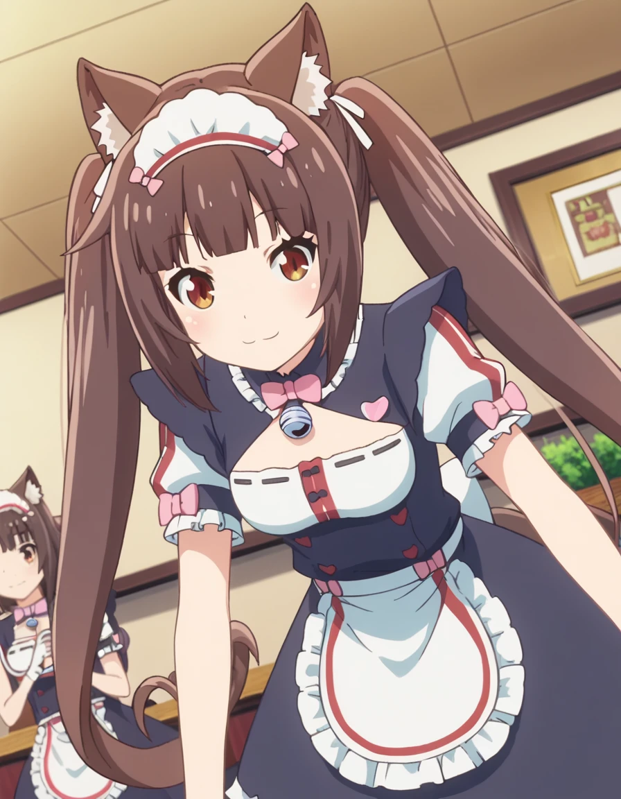 score_9, score_8_up, score_7_up, source_anime,
nekoparachocola, <lora:nekopara-chocola-s1-ponyxl-lora-nochekaiser:1>,
chocola, long hair, brown hair, animal ears, twintails, brown eyes, very long hair, cat ears, blunt bangs, animal ear fluff,
dress, bow, tail, short sleeves, frills, bowtie, apron, cat tail, maid, maid headdress, bell, cat girl, waist apron, jingle bell, neck bell, waitress,
indoors, cafe, smile, bent over,
looking at viewer, solo, cowboy shot, dutch angle,