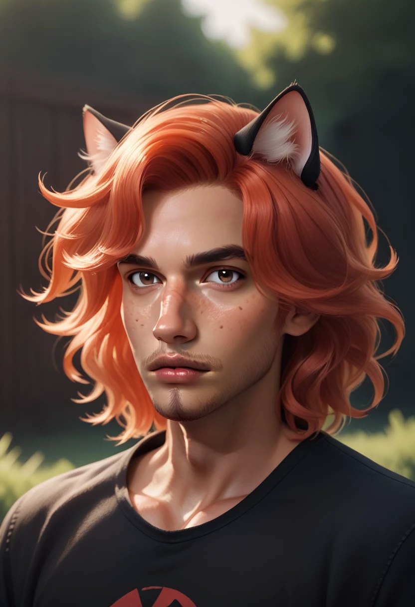 Phoenix Montoya, red hair, brown eyes, animal ear fluff, cat ears, facial hair, stubble, goatee, black shirt, freckles, hispanic, looking at viewer, male focus, outdoors, parted lips, shirt, solo, upper body, score_9, score_8_up, score_7_up, score_6_up,