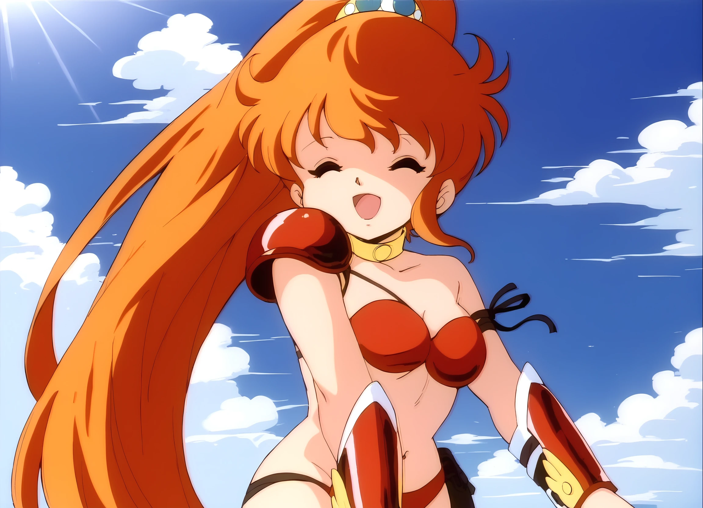 (masterpiece, armpit lines, upper body view, 4K, Best Quality, Anime style: 1.9, far view, Adult Woman, (stretching), ultra detailed face, (cloud background, wrestling), Drawing lines, high resolution, Anime, lacus4), 1girl, Solo, curvy figure, Long hair, 鎖骨, scapular, (Detailed wide hair bangs, Hair Ornament, Detailed reddish-pink hair, shiny streaks, hair cover shoulders, golden crest), cleavage, large hands, (female wrestler). (Big blue eyes, shiny eyes), ((female wrestler, (slim body), , little biceps, closed fists, thighs)), ((perfect proportions, medium breasts, long belly)), (((red strapless, neck band))), happy, smile, (standing, looking at the viewer)