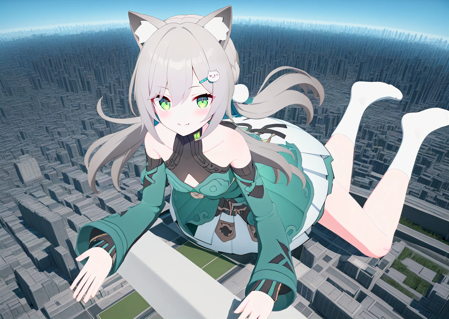 high quality, masterpiece,
digital art, city, 3d,
1girl, solo, full body, green eyes, blush, sparkling eyes, smile, wide shot,
on stomach, looking at viewer, own hands together,
grey hair, twintails, cat ears, pom pom hair ornament,
detached sleeves, long sleeves,
green dress, white skirt,
(bare legs),
white socks,
no shoes,
<lora:qingque60-you-014:0.7>