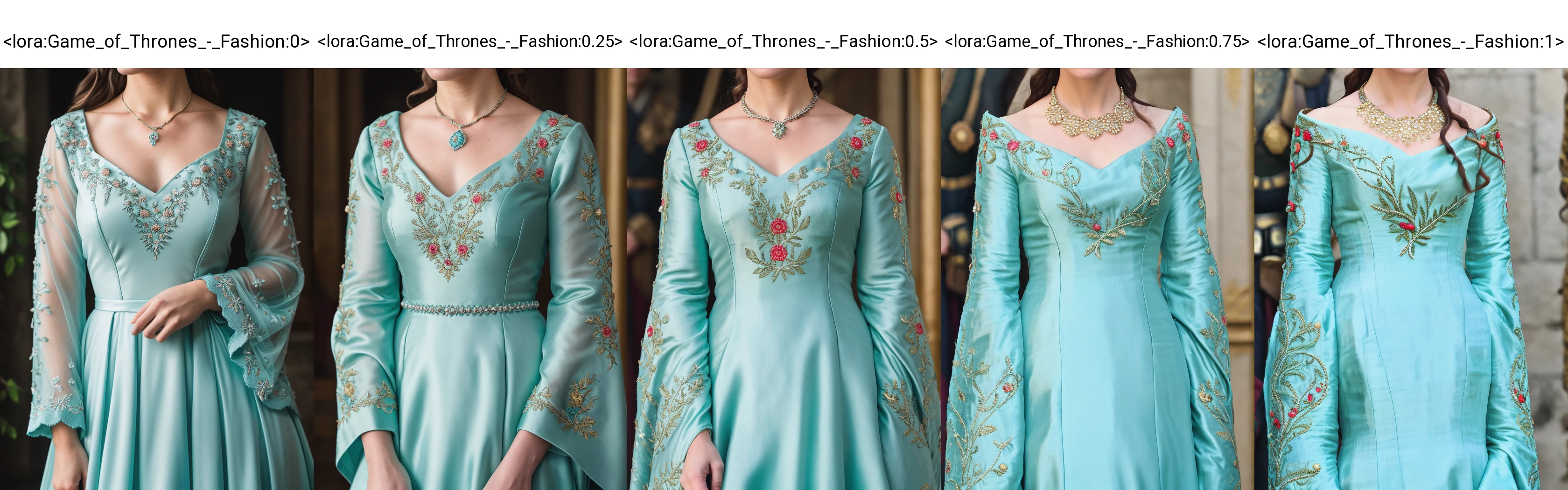 RAW photo, subject, 8k uhd, dslr, soft lighting, high quality, film grain, Fujifilm XT3, professional photo, (detailed skin:1.3), high quality, beautiful women, <lora:Game_of_Thrones_-_Fashion:0> , game of thrones fashion, game of thrones dress, jewelry, aqua dress, full body, embroidery, wide sleeves,
