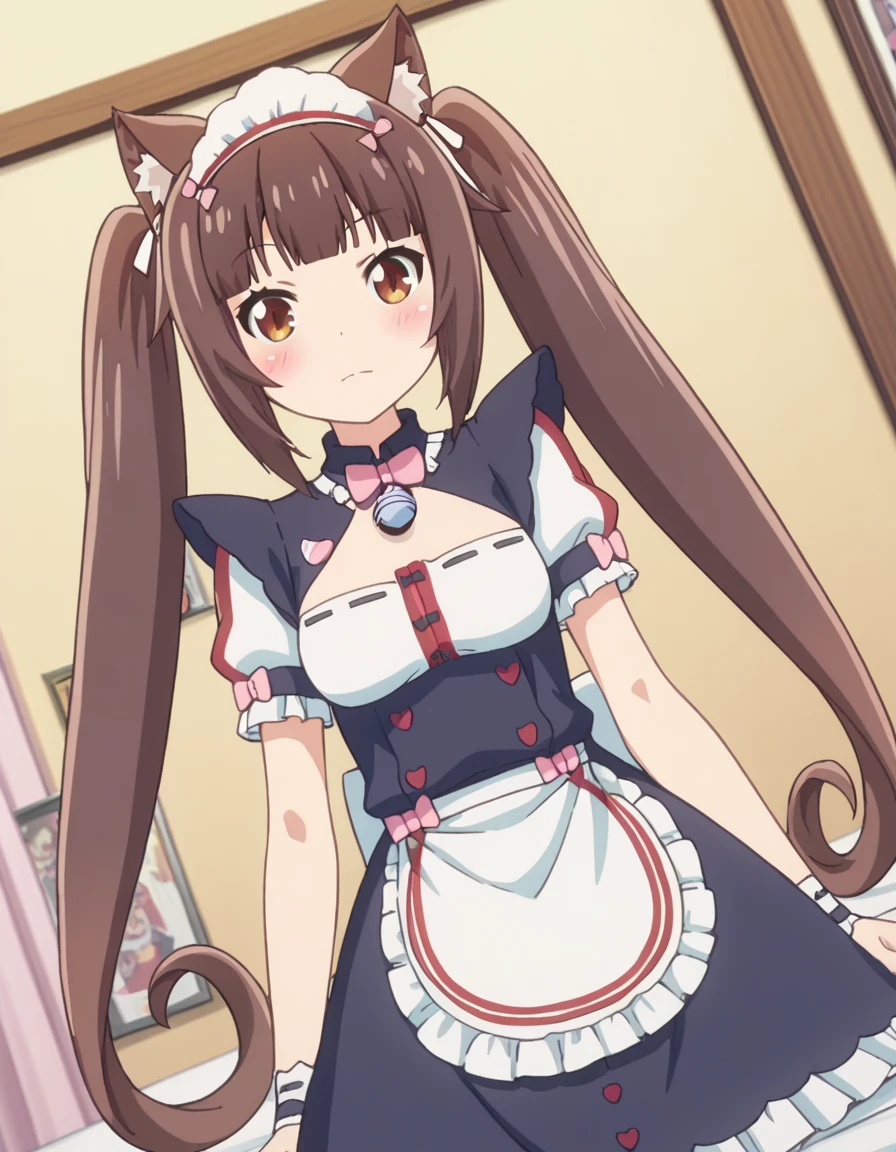 score_9, score_8_up, score_7_up, source_anime,
nekoparachocola, <lora:nekopara-chocola-s1-ponyxl-lora-nochekaiser:1>,
chocola, long hair, brown hair, animal ears, twintails, brown eyes, very long hair, cat ears, blunt bangs, animal ear fluff,
dress, bow, tail, short sleeves, frills, bowtie, apron, cat tail, maid, maid headdress, bell, cat girl, waist apron, jingle bell, neck bell, waitress,
indoors, bed, bed room, on side, blush, drunk,
looking at viewer, solo, cowboy shot, dutch angle,