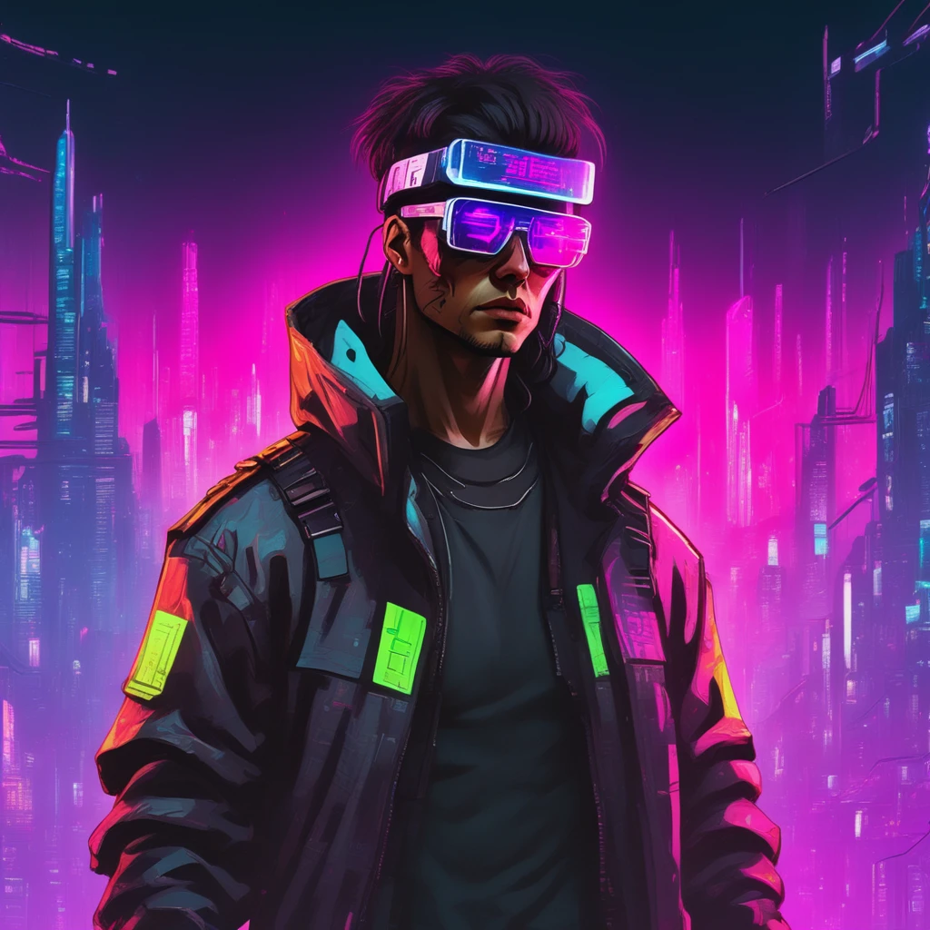 Cyberpunk hacker, solo, wearing a neon-lit jacket and visor glasses, dystopian cityscape with towering holograms background, facing forward, cinematic, rebellious, intense.