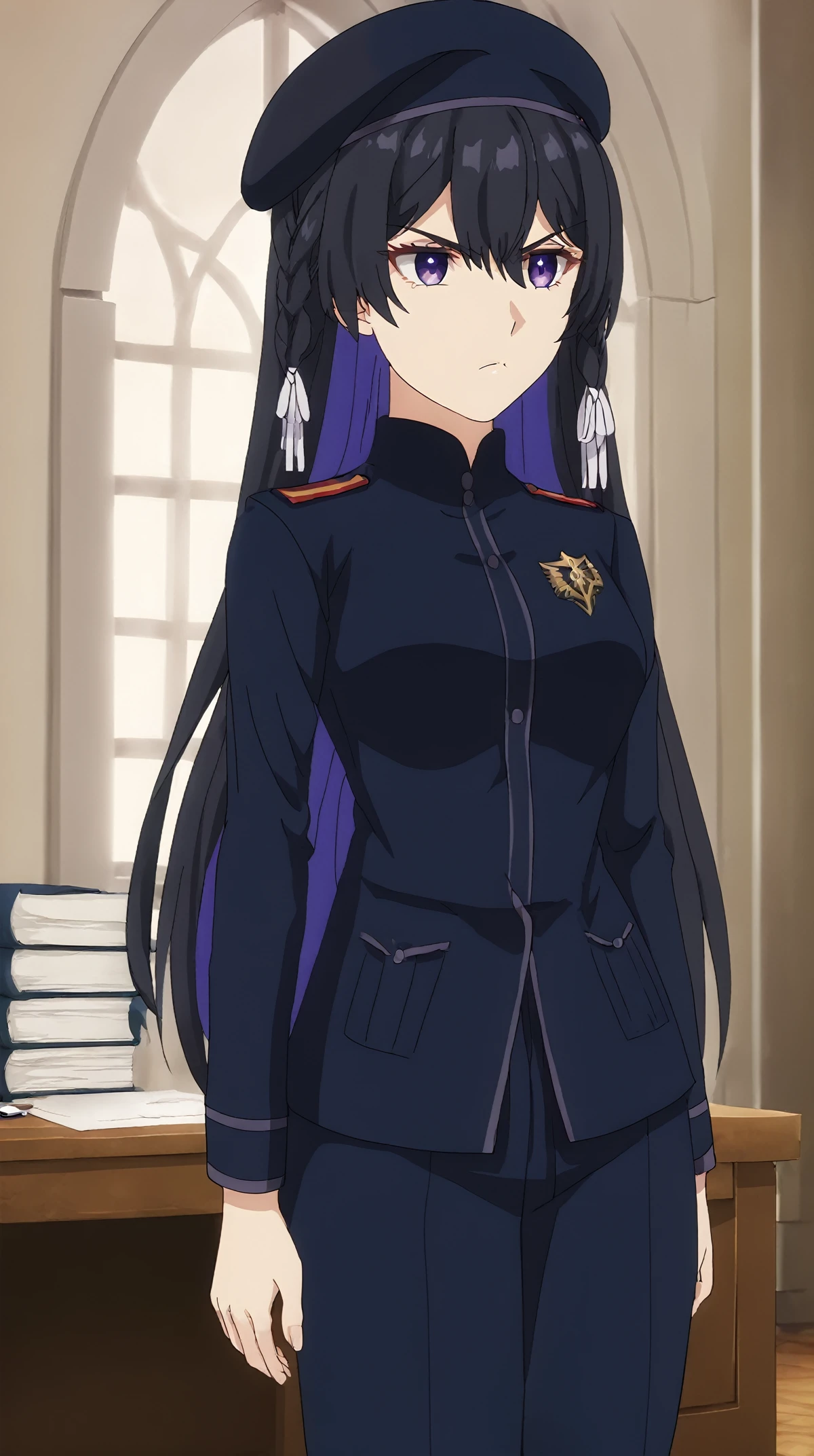 <lora:tinasha.pony.v3:0.85>
score_9, score_8_up, score_7_up, tinasha
purple eyes, 1girl,solo,
standing,
stern look, serious,
blue uniform,military uniform, beret, military hat,
badge, emblem, insignia,
indoors, office,
