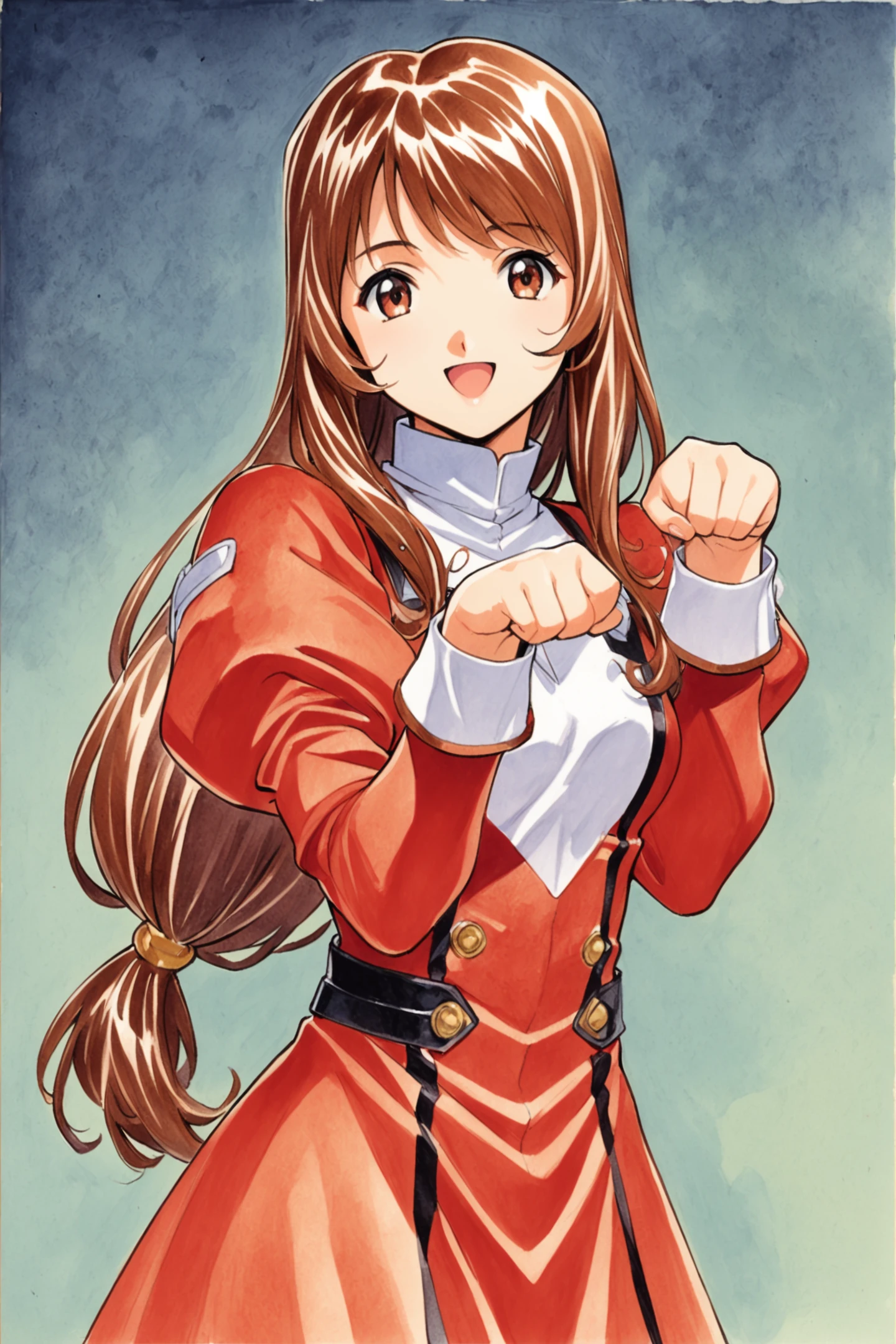 1girl,solo,Erica Fontaine,cowboy shot,smile,open mouth,looking at viewer,upper body,paw pose,brown hair,brown eyes,long hair,bangs,low tied hair,sidelocks,red dress,puffy sleeves,long sleeves,brown boots,long dress,traditional media,low-tied long hair,dress,<lora:Sakura Wars_XL_V2.1:0.8>,