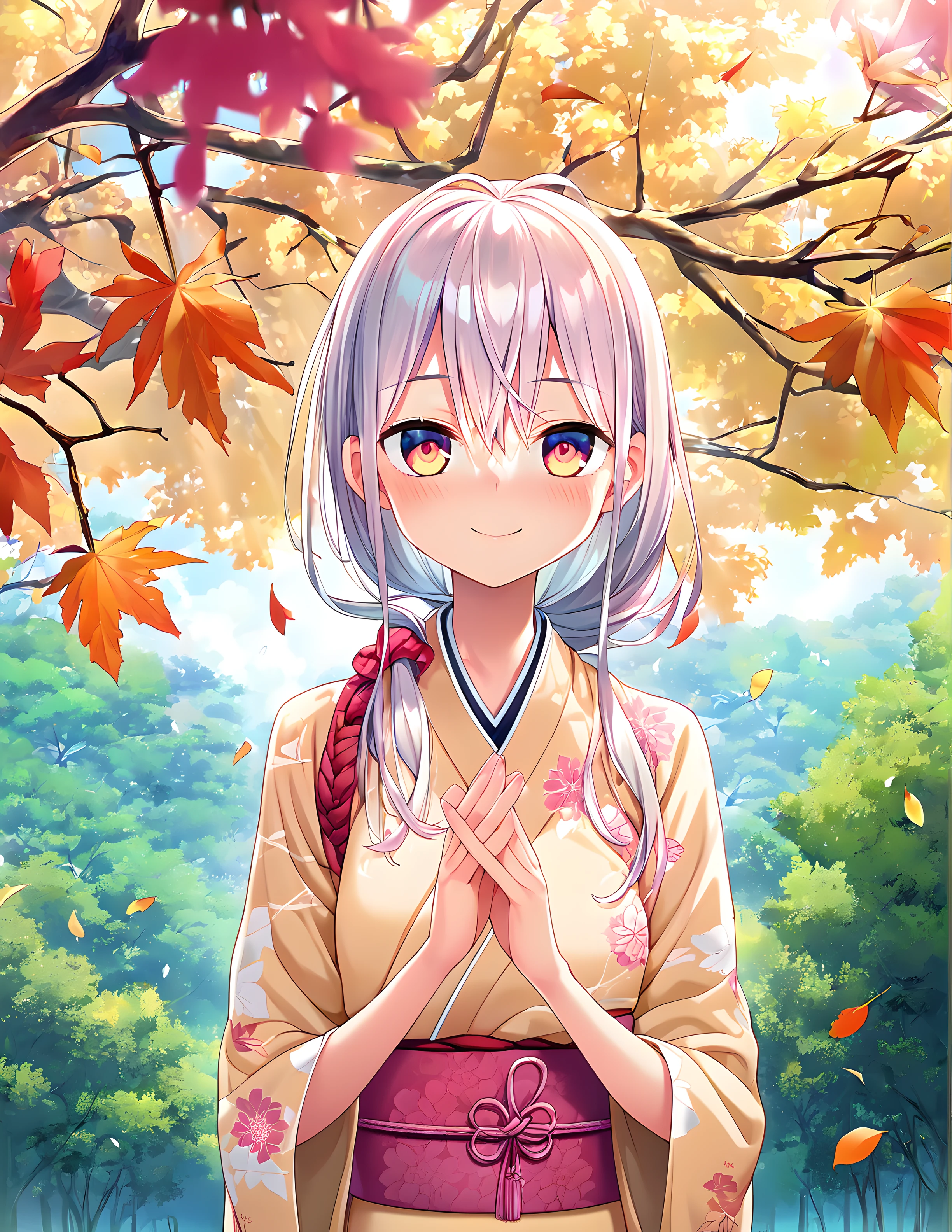 <lora:pony_xl_Fumino:0.8>,Fumino,score_9,score_8_up,score_7_up,source_anime,1girl,solo,looking at viewer,japanese clothes,print kimono,floral print,wide sleeves,obi,day,nature,grove,falling leaves,the dappled sunlight that filters through the leaves of trees,sunny weather writing,strong rim light,lens_flare,hair fluttering in the,cowboy_shot,smile,light_blush,own hands together,
