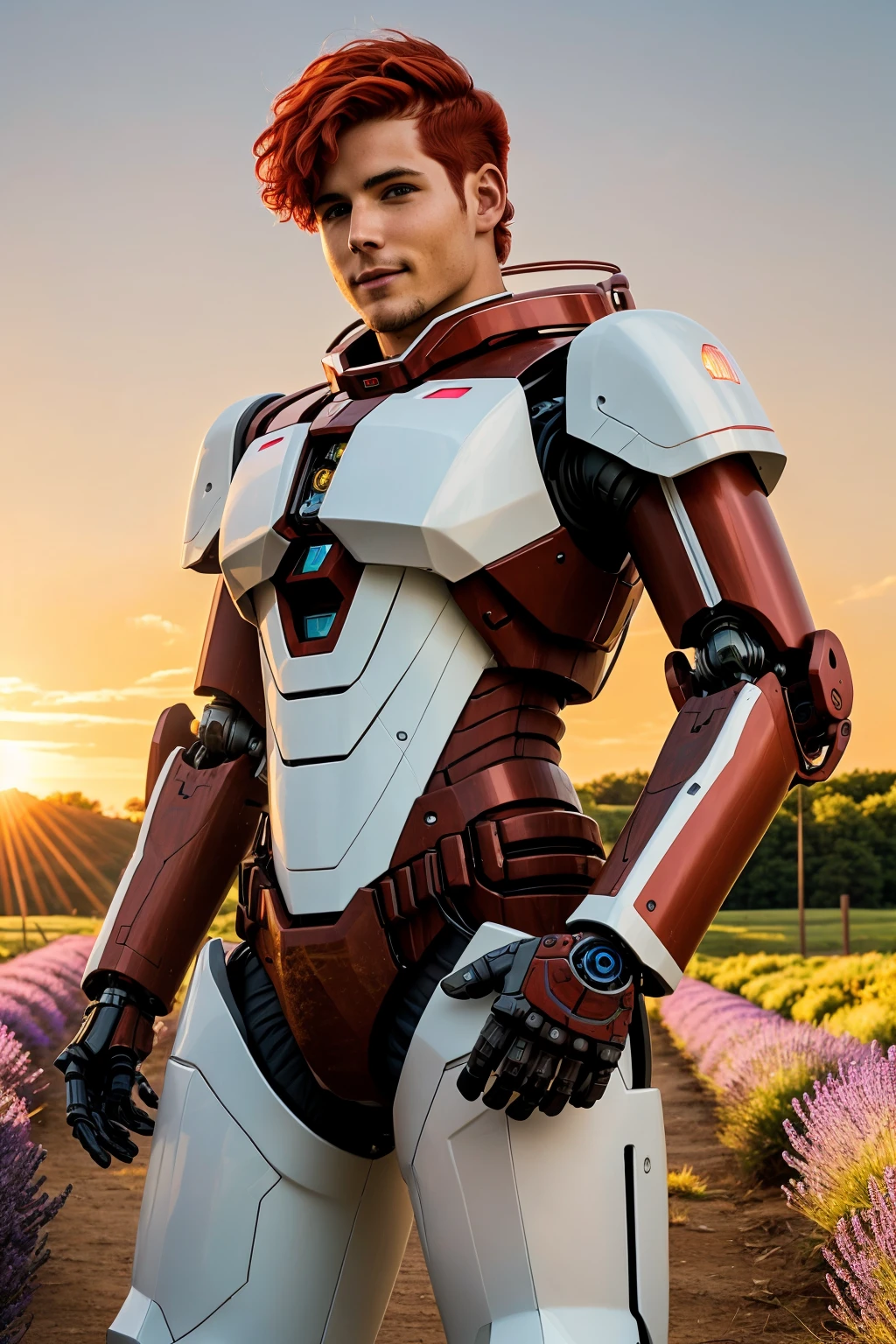 photorealistic cybernetic robot (Cowboy shot:1.2), (Bohemian male Pastel Red color mecha zzcbrlnzz:1.2), dynamic pose, A proud and confident smile expression, mecha headwear, (Mahogany short hair:1.4), Sunset over Lavender Fields with busy people doing their stuff <lora:Cyber Armor from HaDeS v1.02:1>  <lora:balanced lighting image enhancer v1.04:0.6> . android, AI, machine, metal, wires, tech, futuristic, highly detailed . highly detailed, lifelike, precise, accurate