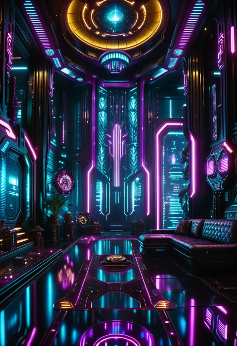 cinematic photo Cyberpunk Environments, interiors, art by Richard M. Powers, photograph, ("The cyberpunk interior design of Greed":1.1) , intricate details, Stars in the sky, Science fiction art, surreal, atmospheric, futuristic interior design, 35mm photograph, film, bokeh, professional, 4k, highly detailed,